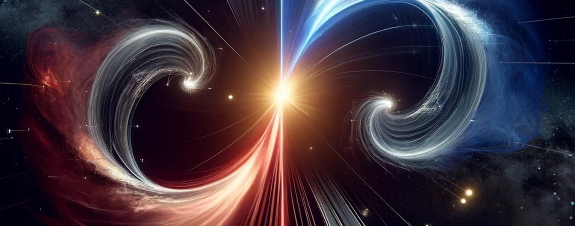 Cinematic Visualization of Dynamic Curved Interactions Cinematic visualization of splitting one unit into two using swirling curved beams and dynamic particle interactions.