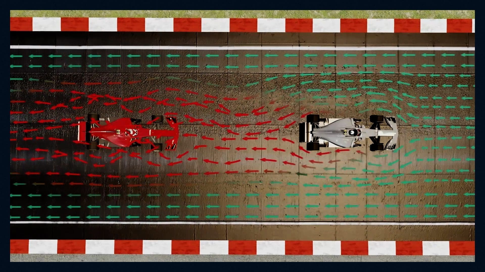 A top-down visualization of two Formula 1 cars with aerodynamic flow simulations, showcasing AWS-powered Computational Fluid Dynamics in race strategy.
