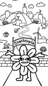 RIOT, NYC Creative Agency: Bonnie, the animated flower, welcoming users at Coachtopia's entrance with a scenic backdrop of wind turbines, a dome, and a vibrant community. Bonnie, the animated flower, welcoming users at Coachtopia's entrance with a scenic backdrop of wind turbines, a dome, and a vibrant community.