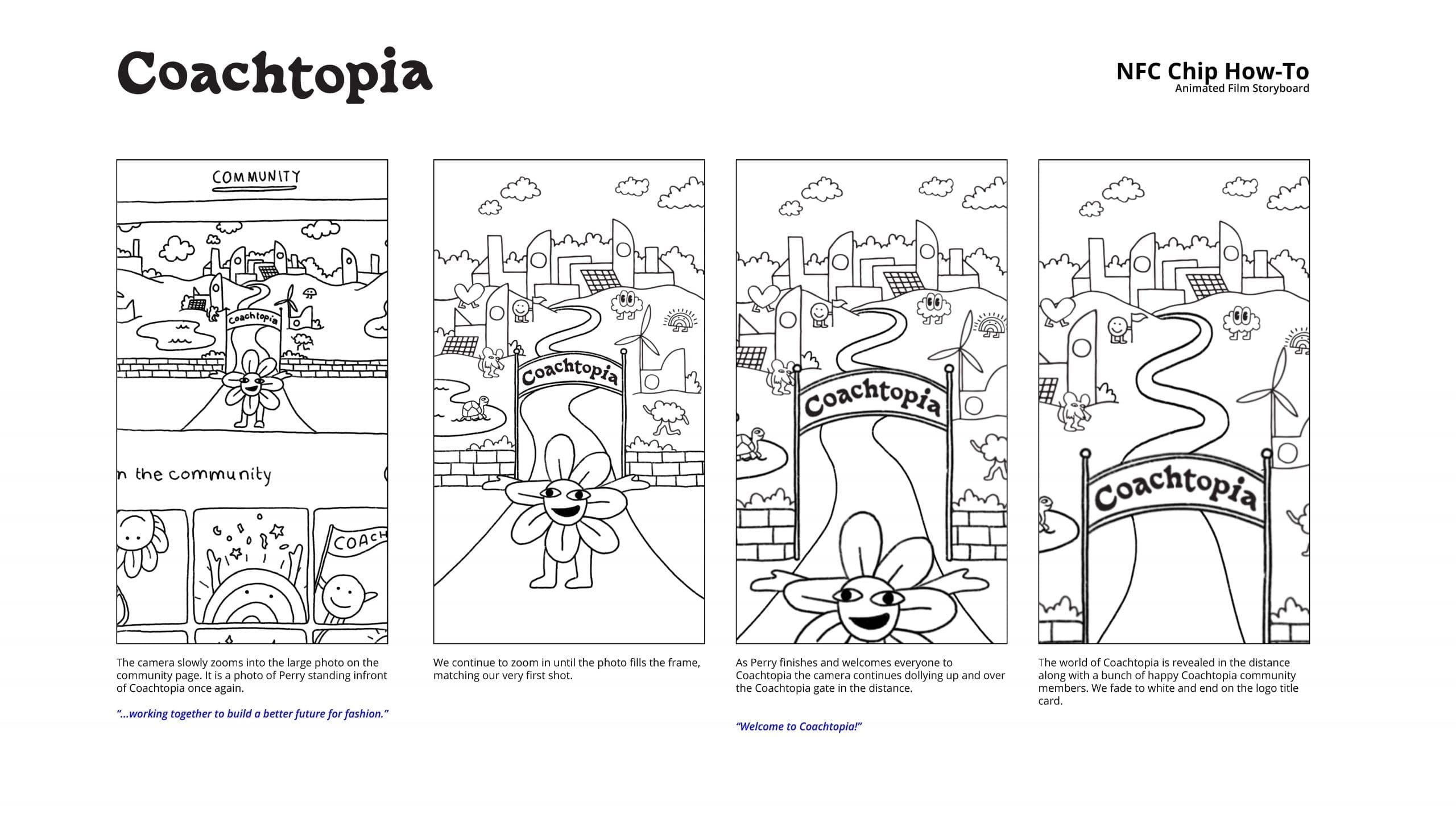 RIOT, NYC Creative Agency: Coachtopia animated film storyboard showing Perry welcoming viewers and revealing the Coachtopia world. Coachtopia animated film storyboard showing Perry welcoming viewers and revealing the Coachtopia world.