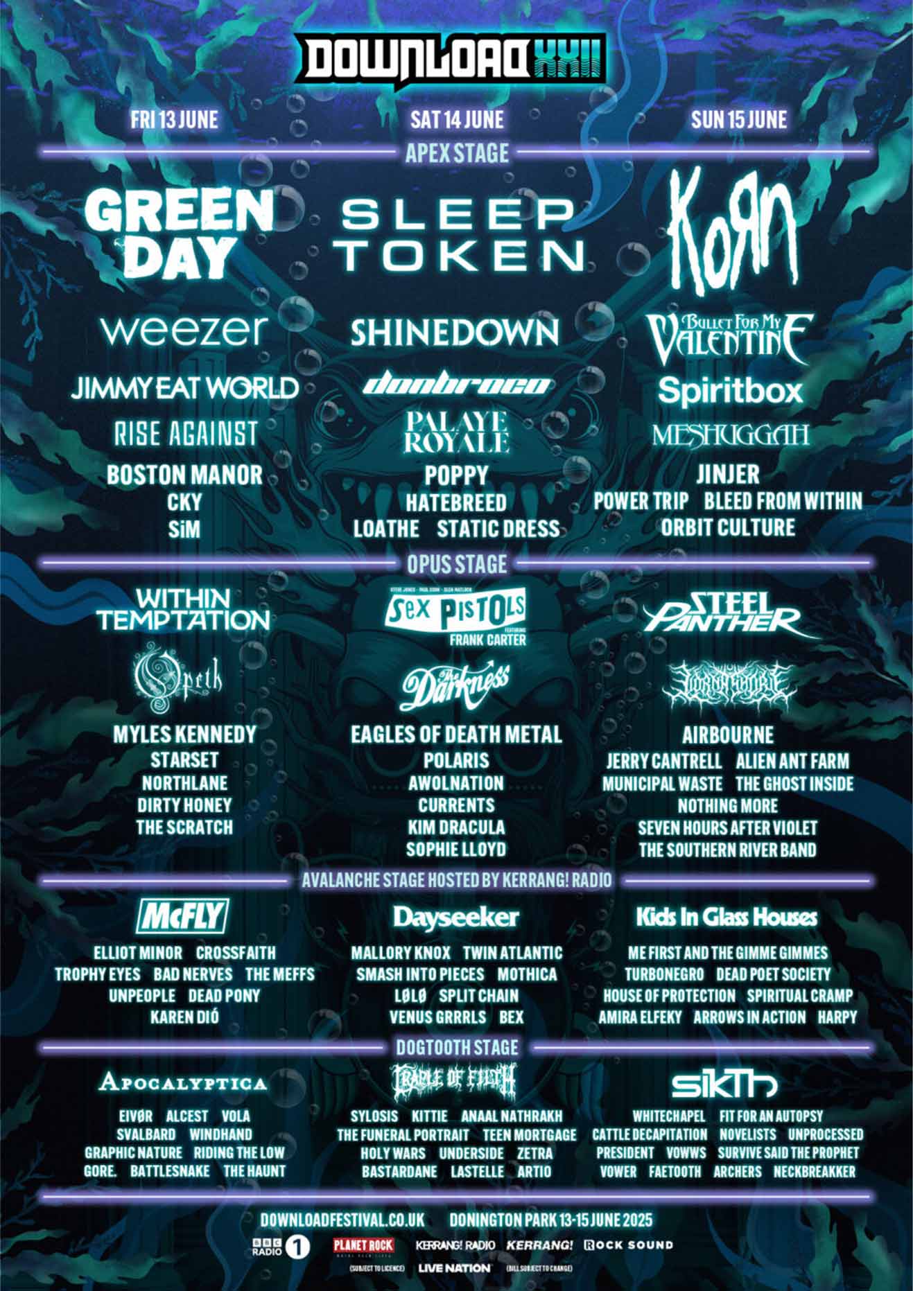 Download Festival 2025 lineup poster with headliners Green Day, Sleep Token, and Korn. President is listed under the Dogtooth Stage on Sunday, June 15, alongside bands like Whitechapel, Fit For An Autopsy, and Nekrogoblikon.