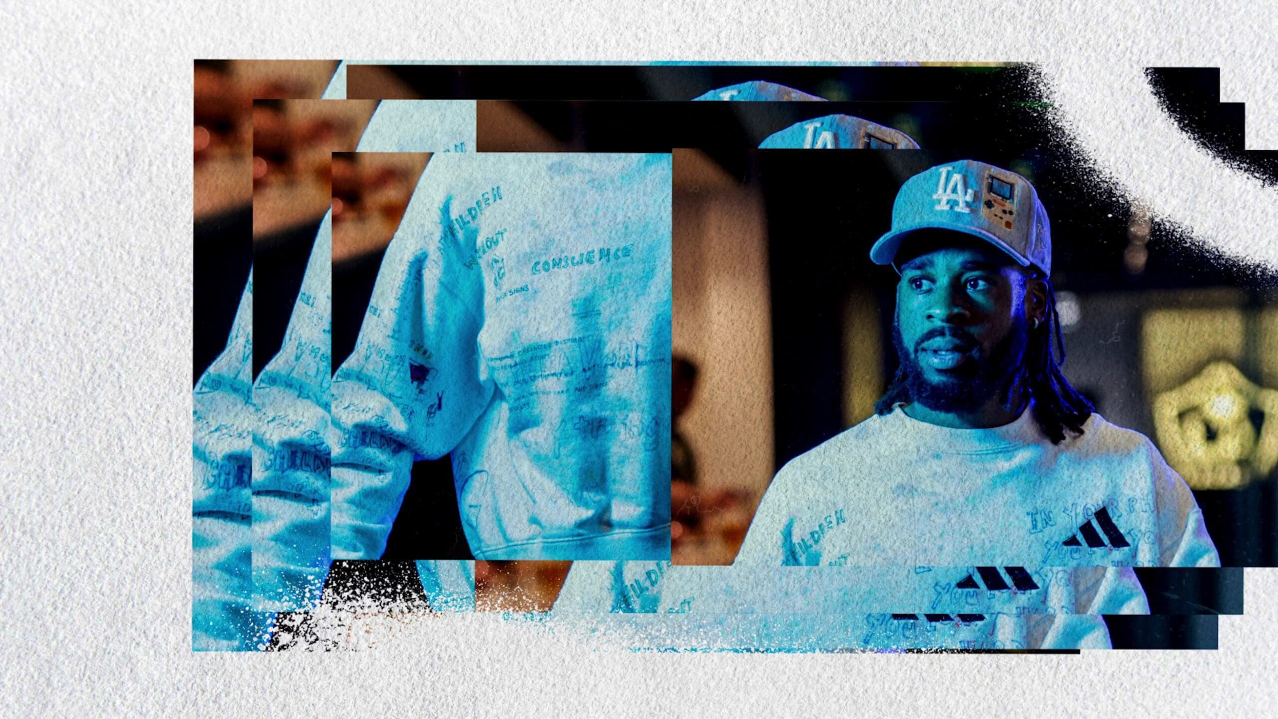 Dynamic visual of Raheem Edwards encapsulating the LA Galaxy and Omega collaboration, symbolizing a high-impact fusion of sports and luxury.
