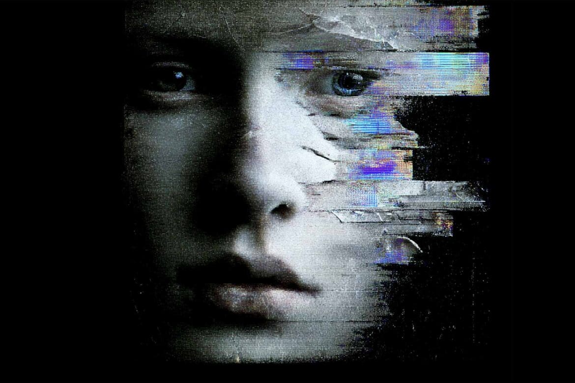 Glitched portrait of a human face dissolving into static and digital fragments