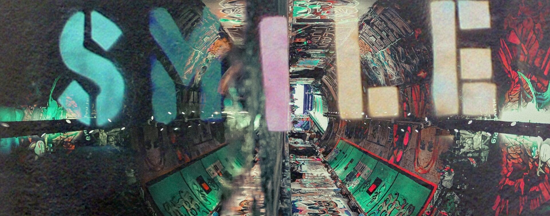 Banksy-inspired graffiti artwork with the word "SMILE" overlaid in a vibrant urban tunnel