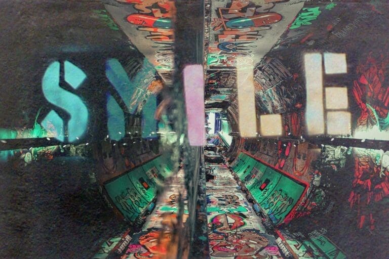 Banksy-inspired graffiti artwork with the word "SMILE" overlaid in a vibrant urban tunnel