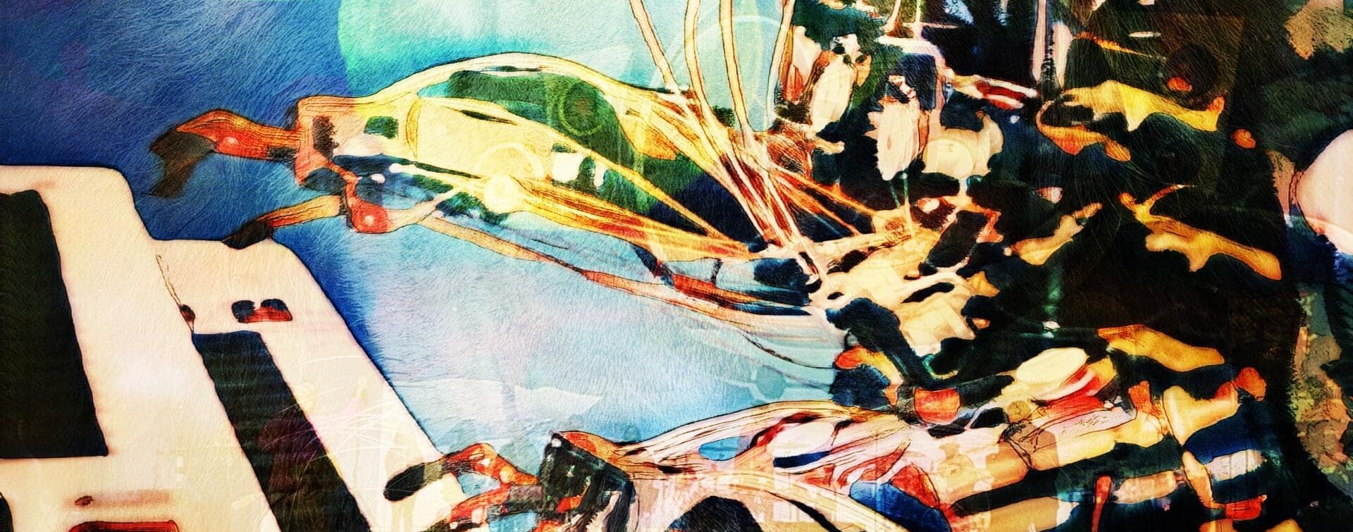 “Lonely Press Play” Abstract digital artwork inspired by Damon Albarn's song "Lonely Press Play," featuring a robotic hand playing a keyboard against a dreamy blue-green background, with colorful wires connecting the mechanical parts.