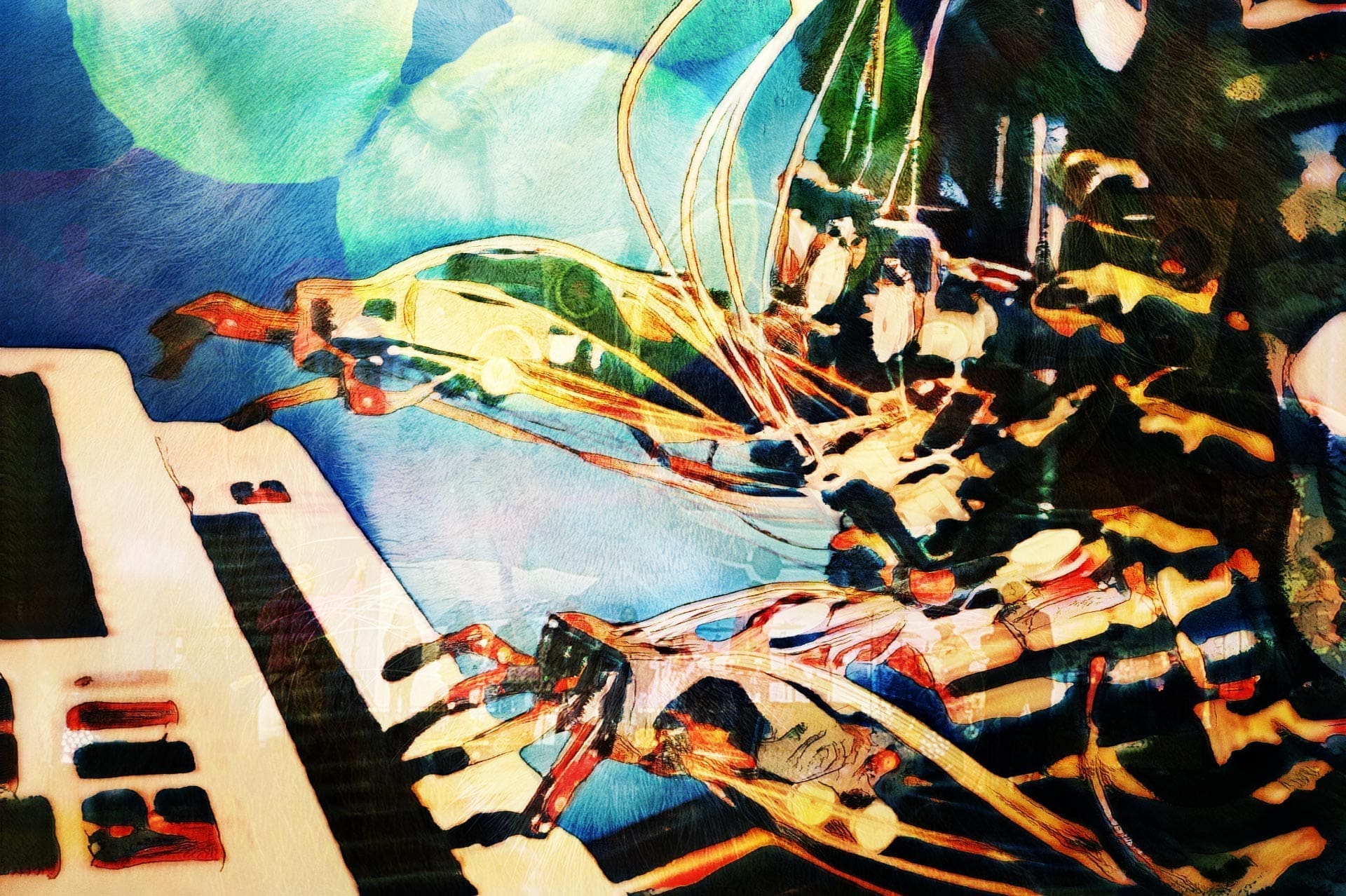 RIOT, NYC Creative Agency: Abstract digital artwork inspired by Damon Albarn's song "Lonely Press Play," featuring a robotic hand playing a keyboard against a dreamy blue-green background, with colorful wires connecting the mechanical parts. Abstract digital artwork inspired by Damon Albarn's song "Lonely Press Play," featuring a robotic hand playing a keyboard against a dreamy blue-green background, with colorful wires connecting the mechanical parts.