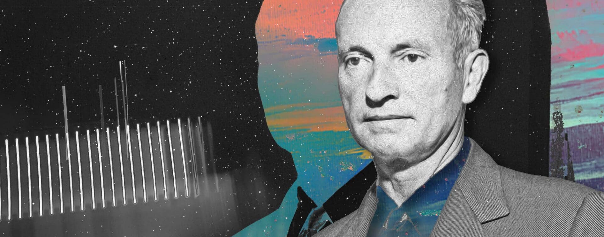 Jean Schlumberger: Sculpting Dreams in Gold and Gemstones Cover Art Artistic portrait of Jean Schlumberger with abstract space background, designed as cover art for an article on his jewelry legacy.