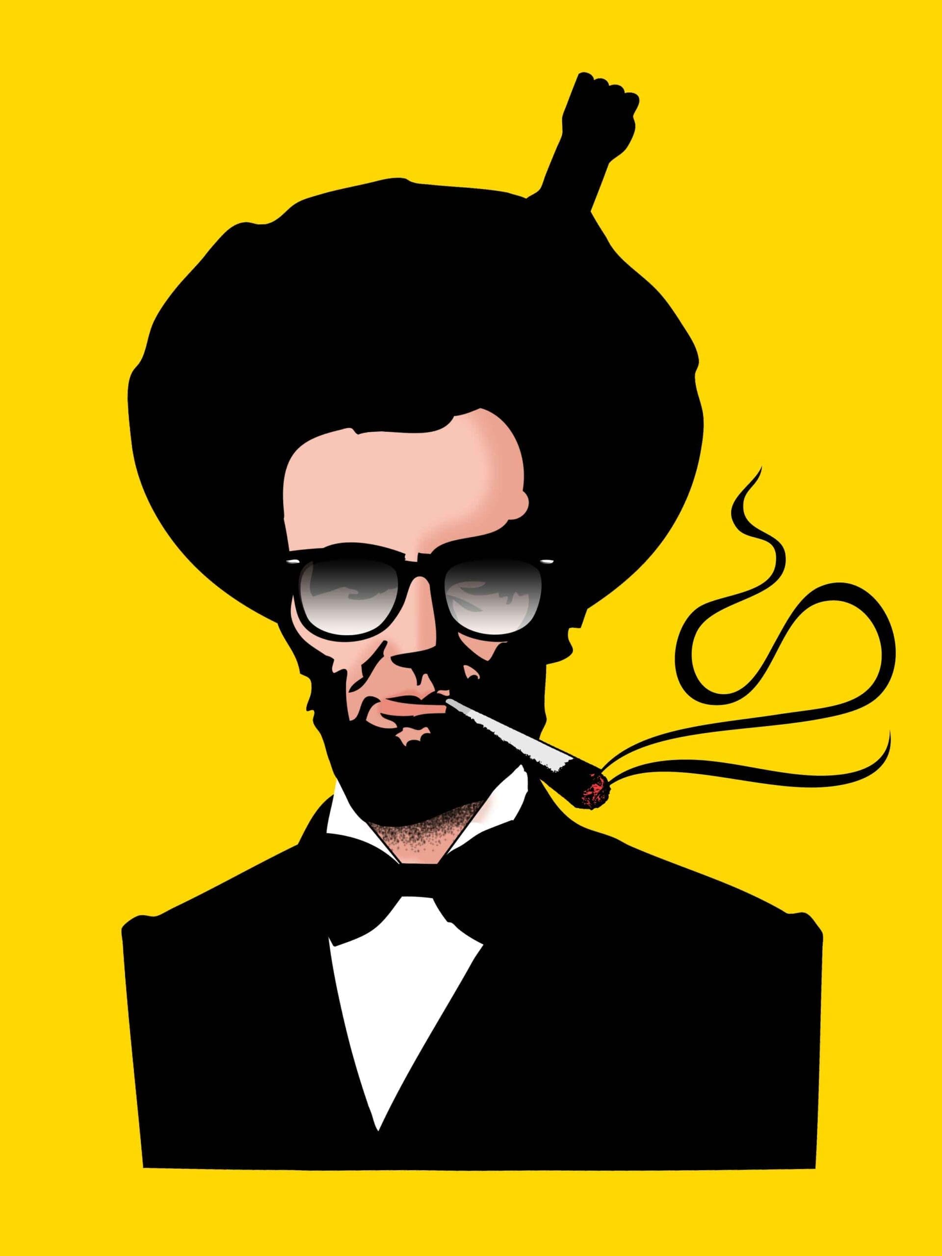 Pop art-style Abraham Lincoln with an afro, sunglasses, and a lit joint on yellow background
