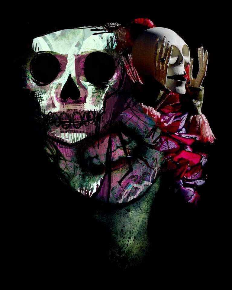 “Monster” artwork by Chris “MUG5” Maguire, inspired by Alexander McQueen’s Savage Beauty exhibition. Dark, haunting imagery that reflects the collision of beauty and brutality.