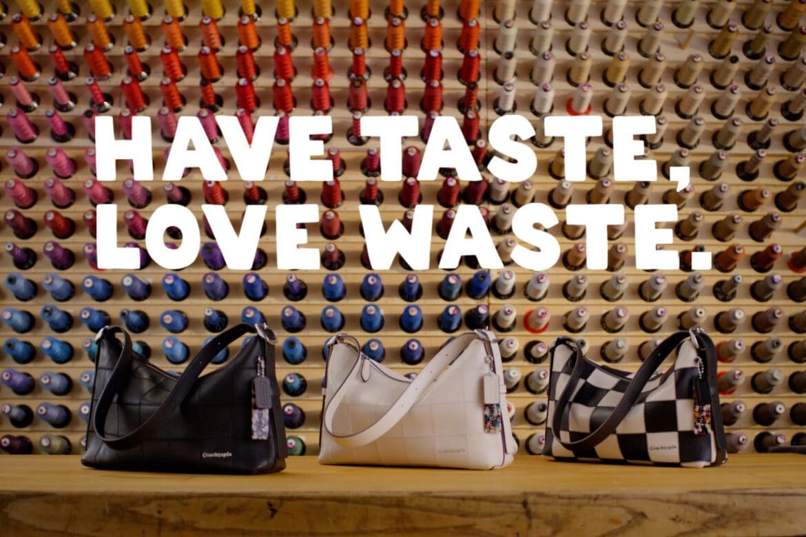 Three Coachtopia Alter/Ego bags in different colors, displayed in front of a colorful thread wall with the words ‘Have Taste, Love Waste.’