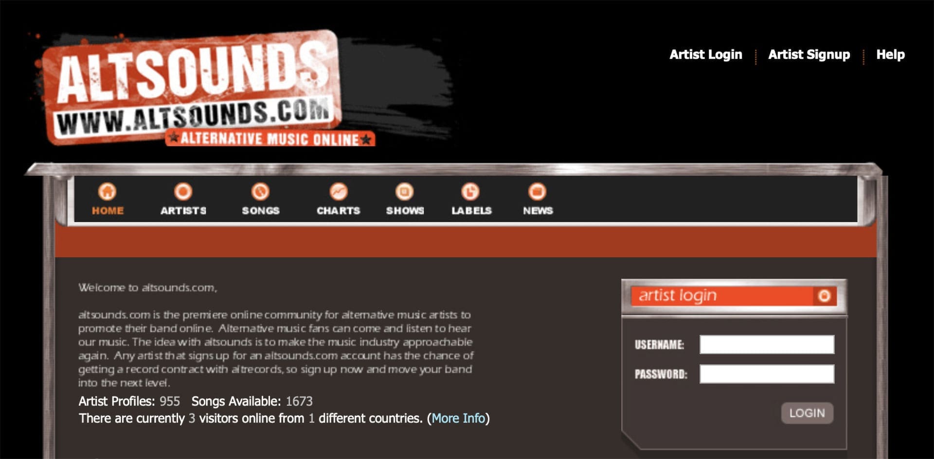 A screen grab of AltSounds from 2004 courtesy of Wayback Machine