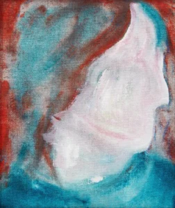 Abstract portrait from David Bowie’s DHEAD XLVI series, featuring a blend of blue, red, and white hues with soft, flowing brushstrokes.