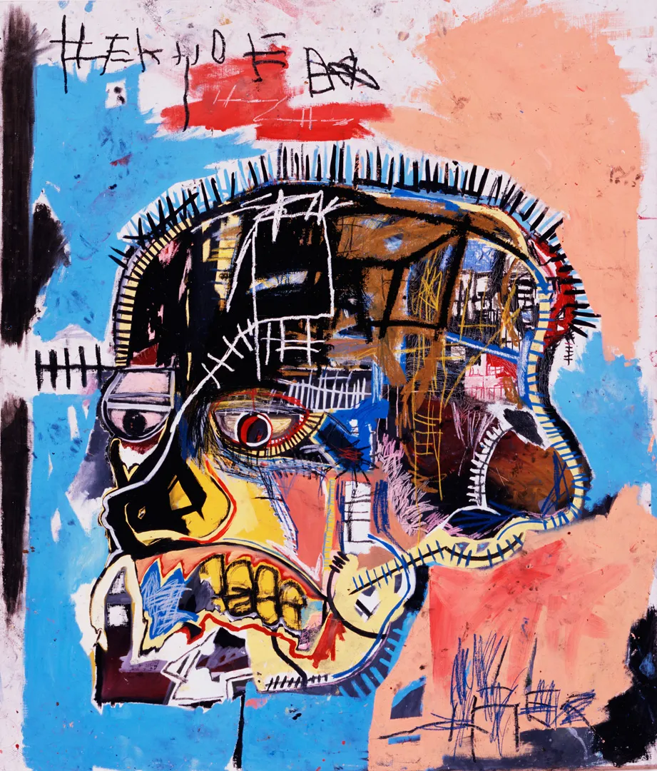 Jean-Michel Basquiat’s Untitled (Skull) painting, 1981, featuring a vibrant, abstract depiction of a skull with bold colors and expressive brushwork.