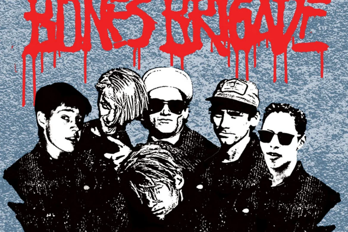 Bones Brigade Autobiography poster featuring iconic members in a black-and-white design with red dripping text