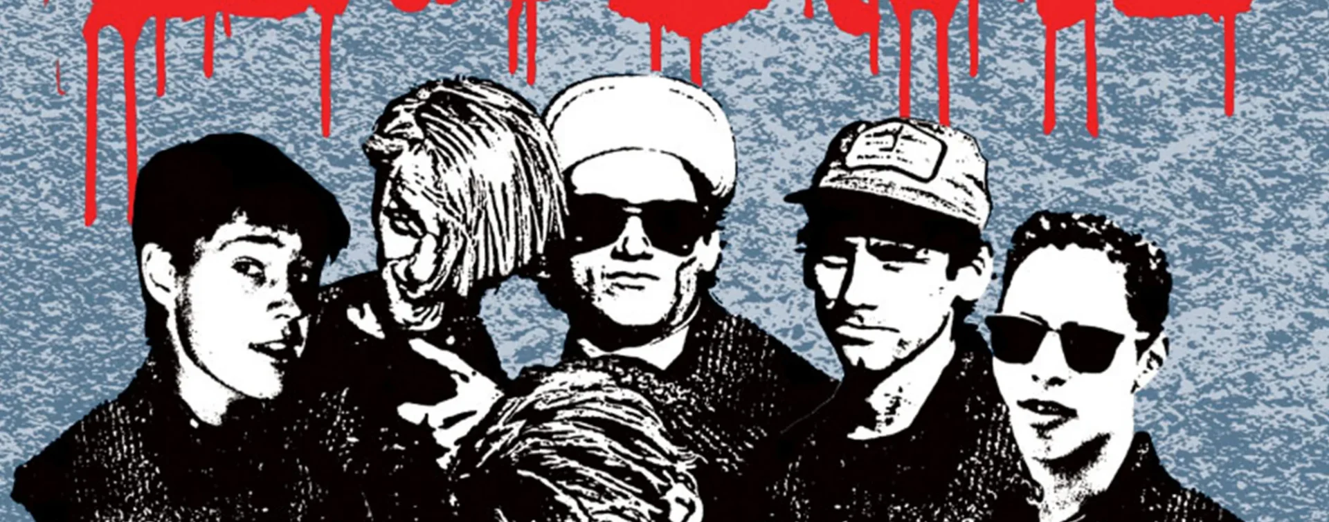 Bones Brigade Autobiography poster featuring iconic members in a black-and-white design with red dripping text