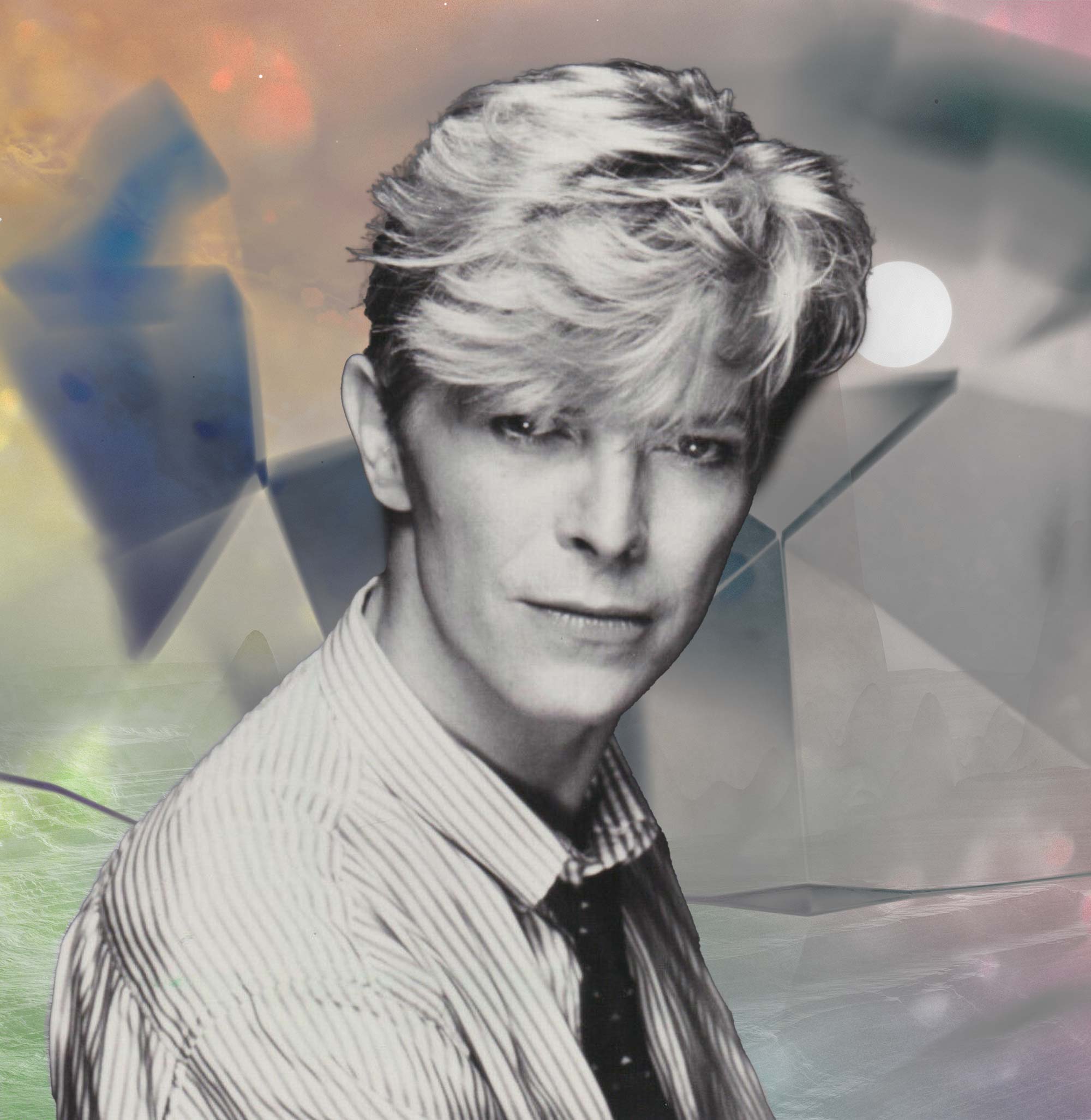 David Bowie Let’s Dance era-inspired abstract artwork by MUG5, blending geometric shapes with Bowie’s iconic image.