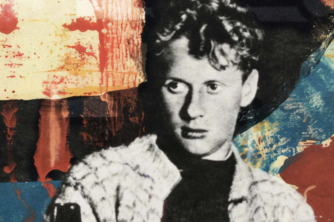 Artwork of Dylan Thomas sitting in a Welsh pub with a pint of beer, adapted from a photo by Rosalie Thorne McKenna. Created by MUG5.
