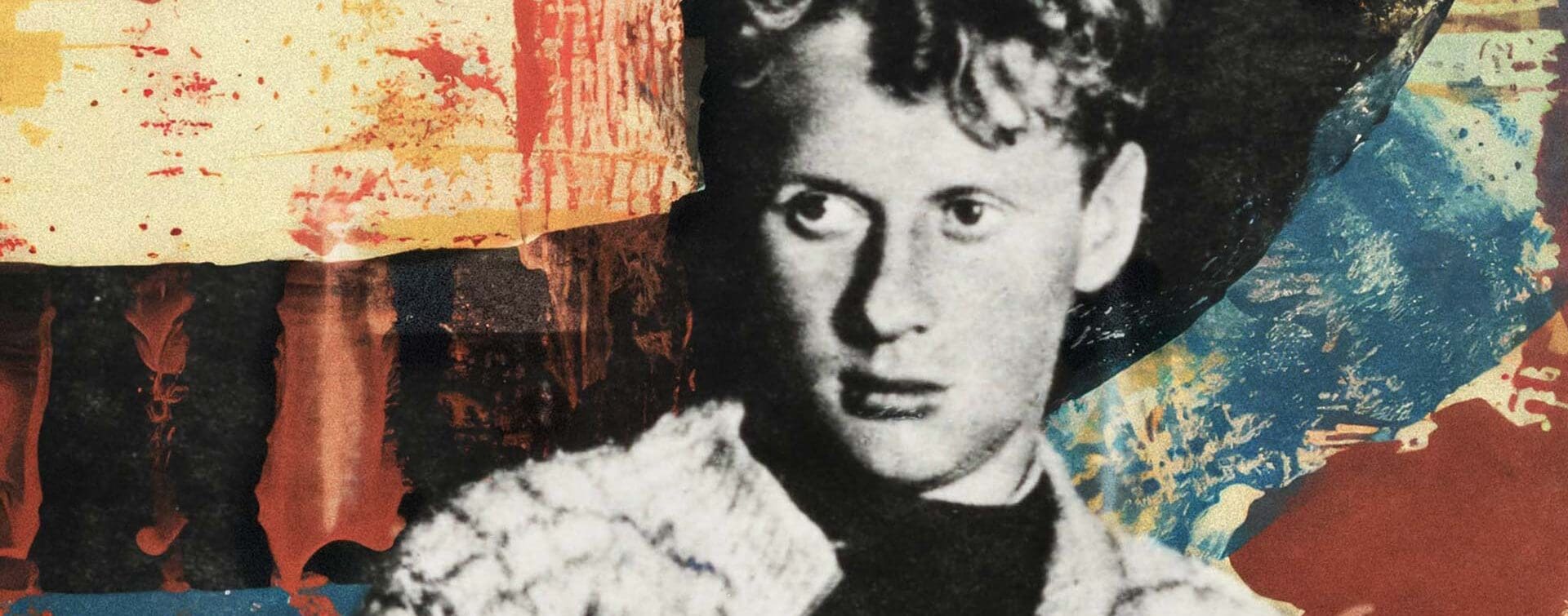 Artwork of Dylan Thomas sitting in a Welsh pub with a pint of beer, adapted from a photo by Rosalie Thorne McKenna. Created by MUG5.