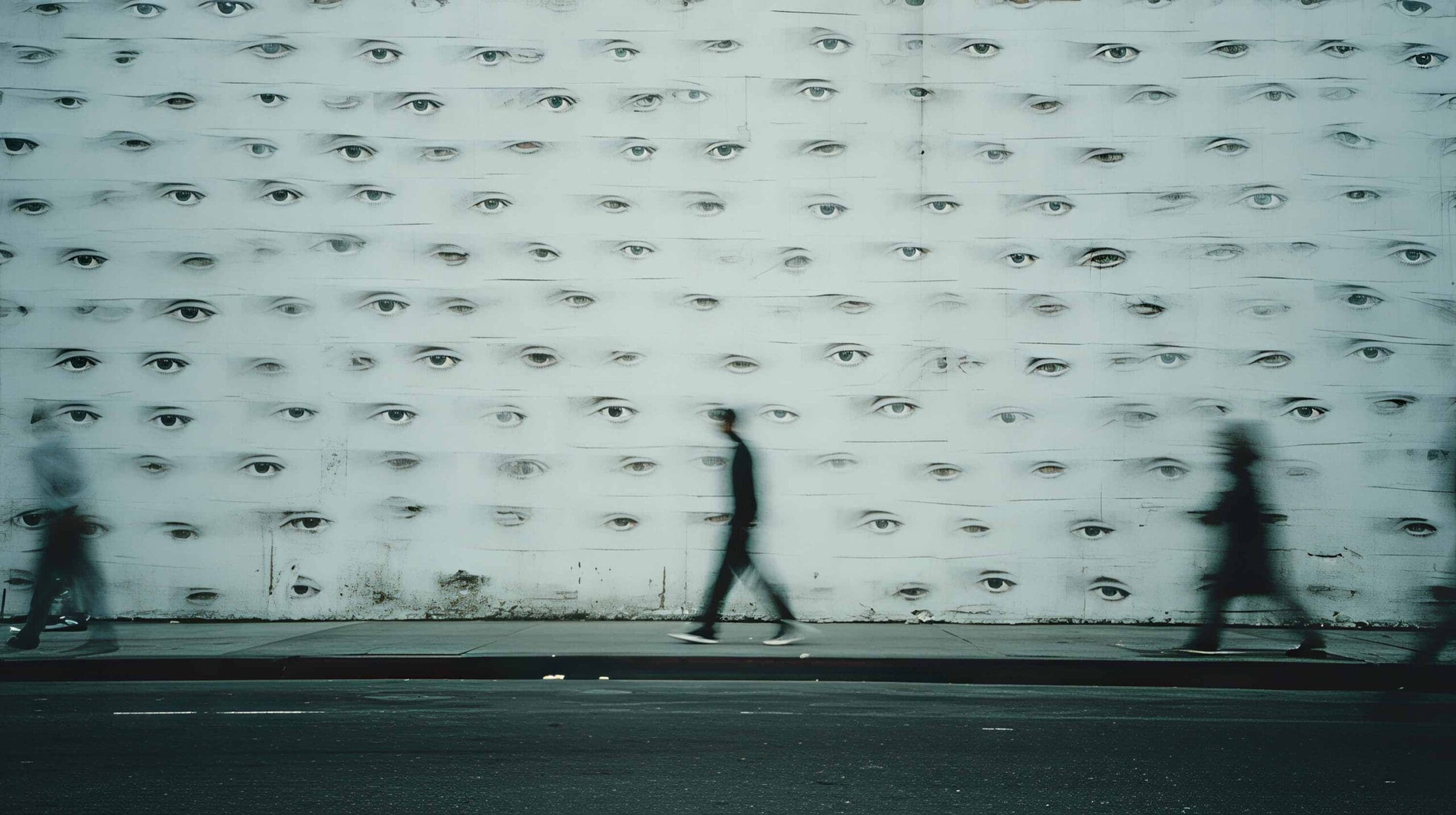 Conceptual photograph of a city wall covered with repeated human eyes while blurred pedestrians pass by, illustrating saturated advertising and the need for a standout creative agency.