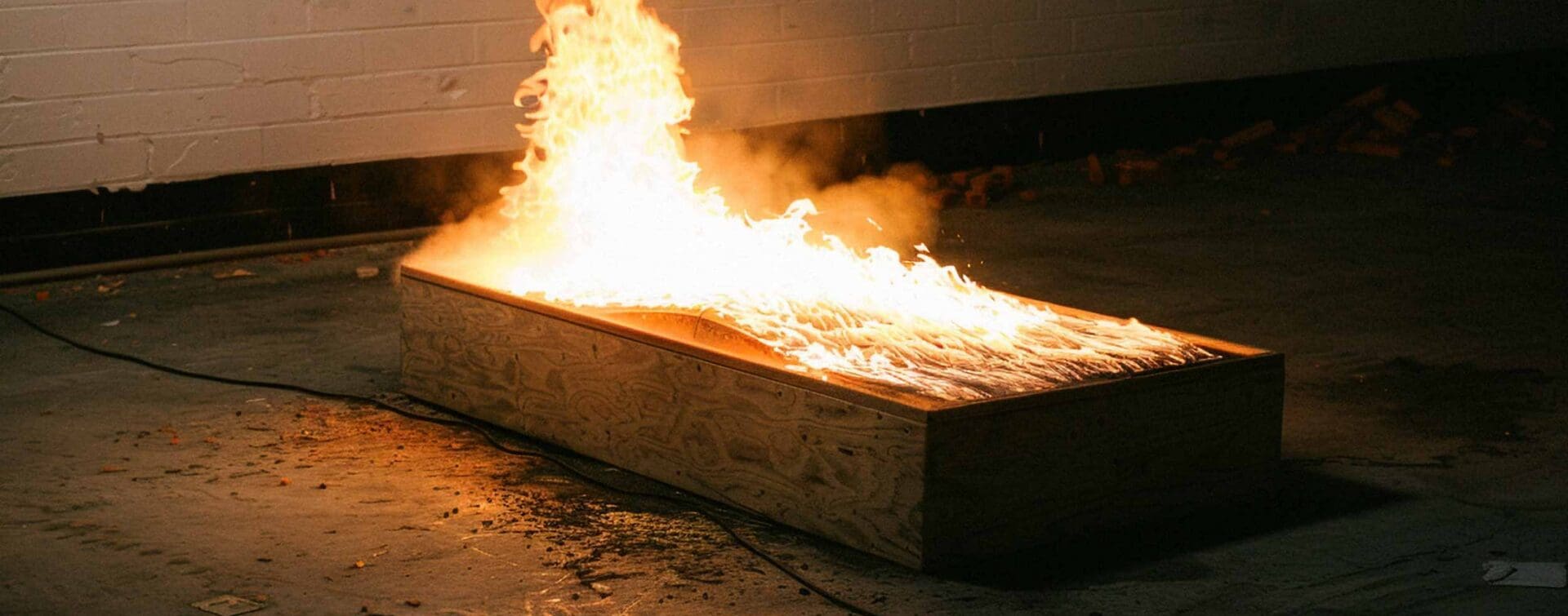 A wooden box engulfed in flames in a dimly lit room — symbolizing the destruction and rebirth of creativity.