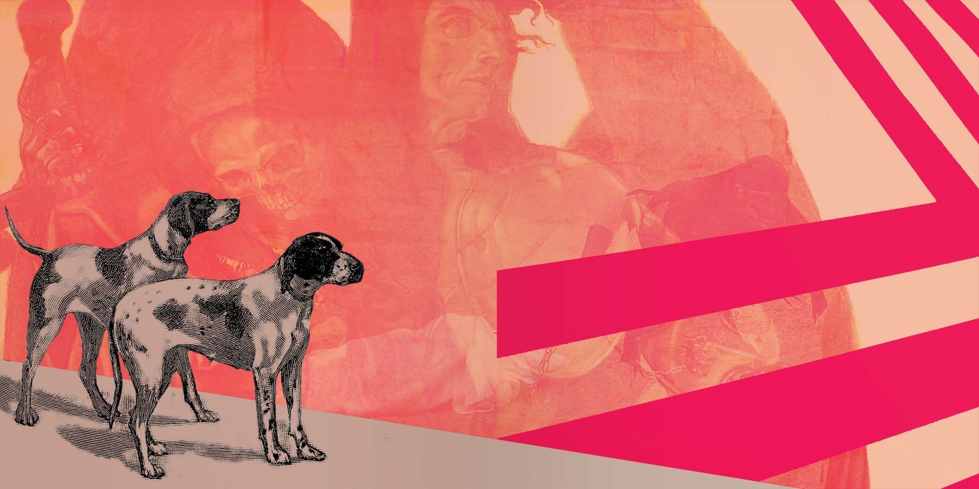 RIOT, NYC Creative Agency: Abstract artwork by MUG5 showing two dogs against a vivid background with classic and graphic elements. Abstract artwork by MUG5 showing two dogs against a vivid background with classic and graphic elements.