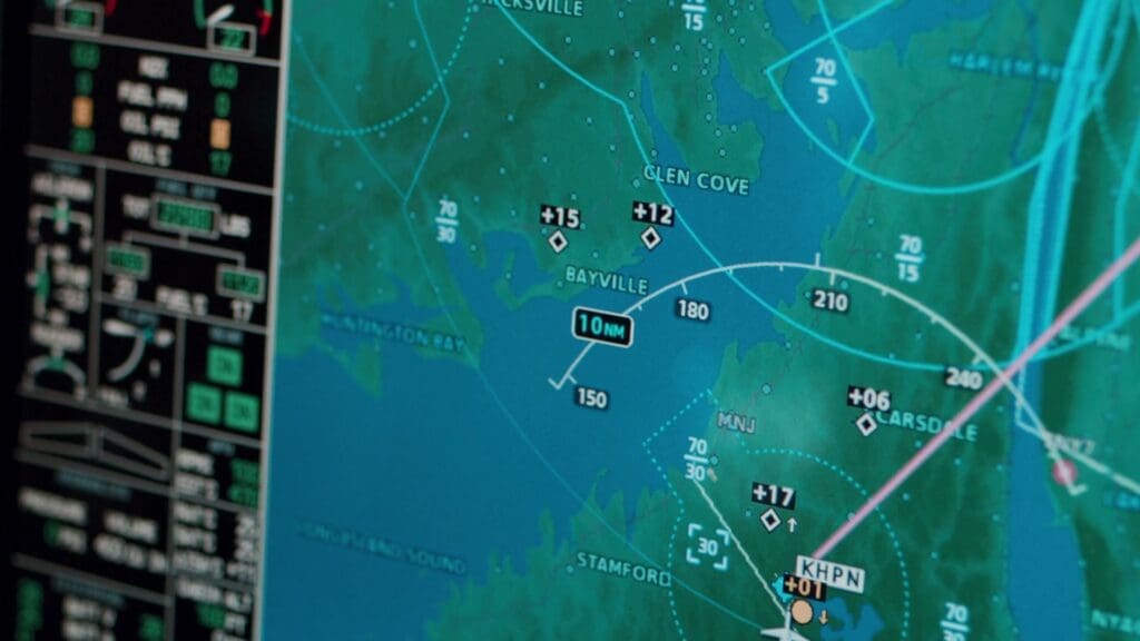 A moving map display on the flight deck of a NetJets jet near Westchester