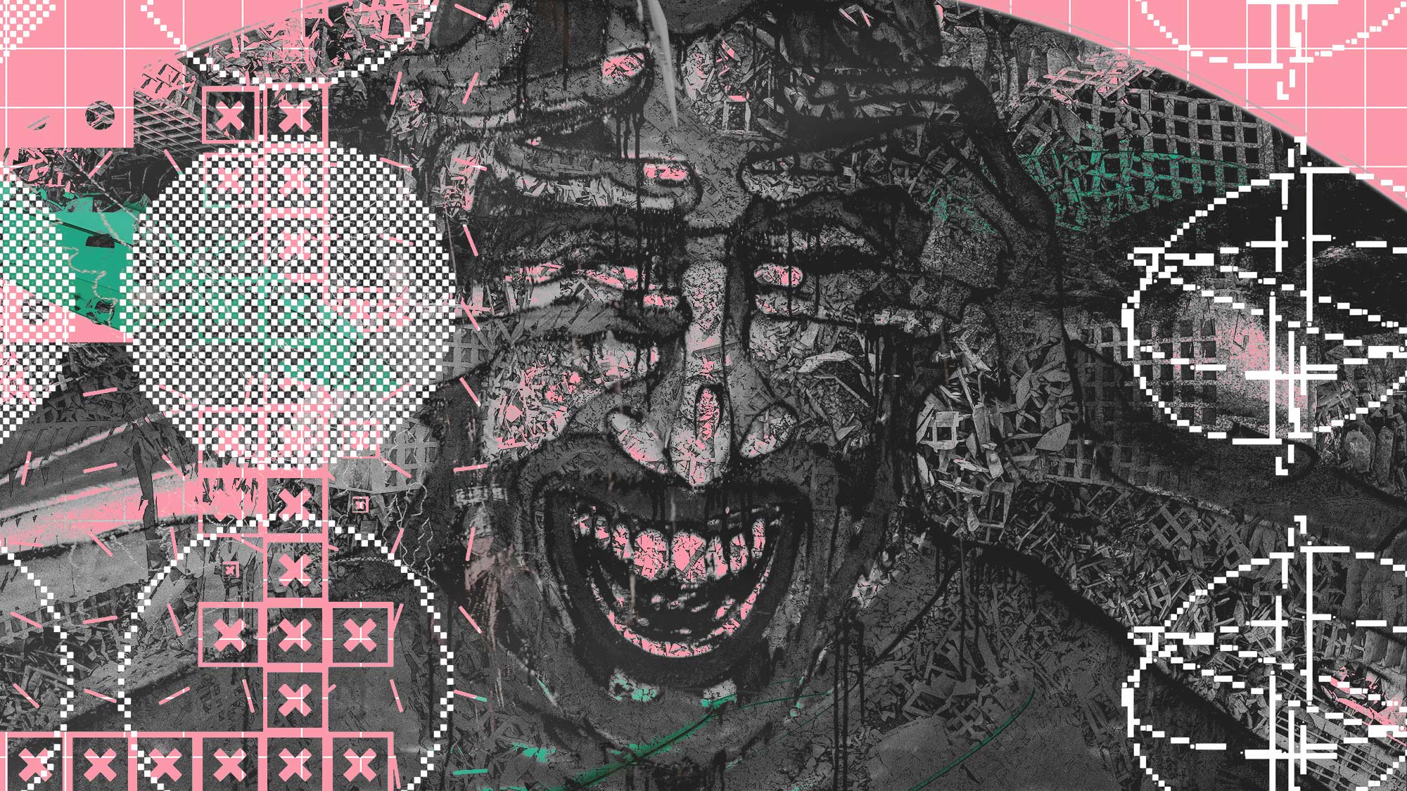  A bold, abstract piece of digital art by MUG5, featuring distorted faces and geometric patterns.