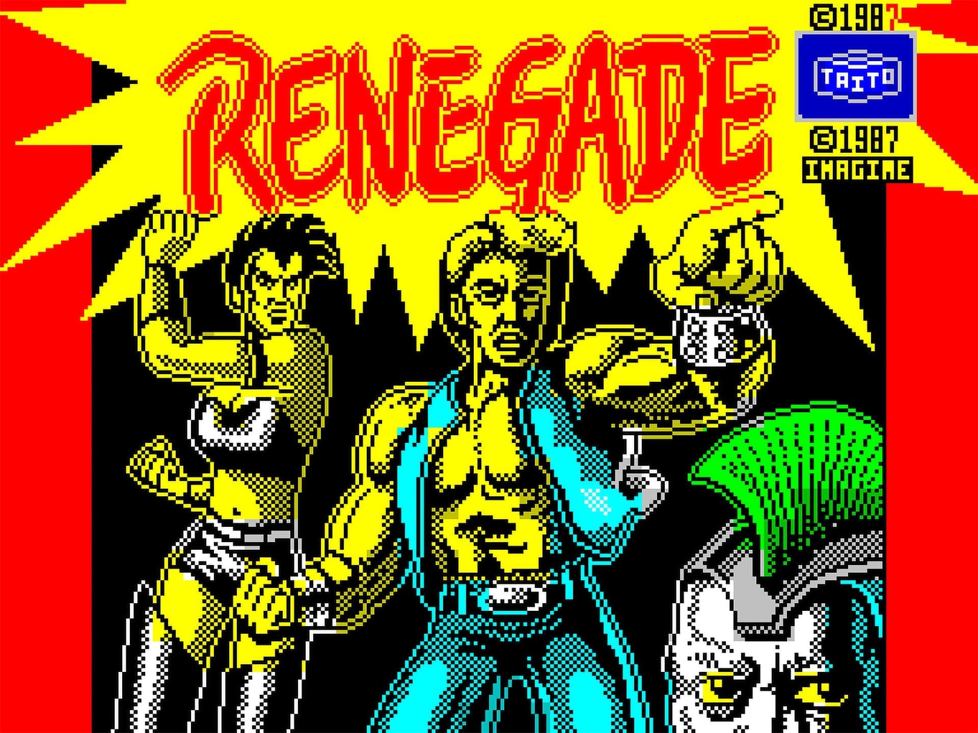 Renegade Spectrum loading screen featuring colorful pixel art of characters