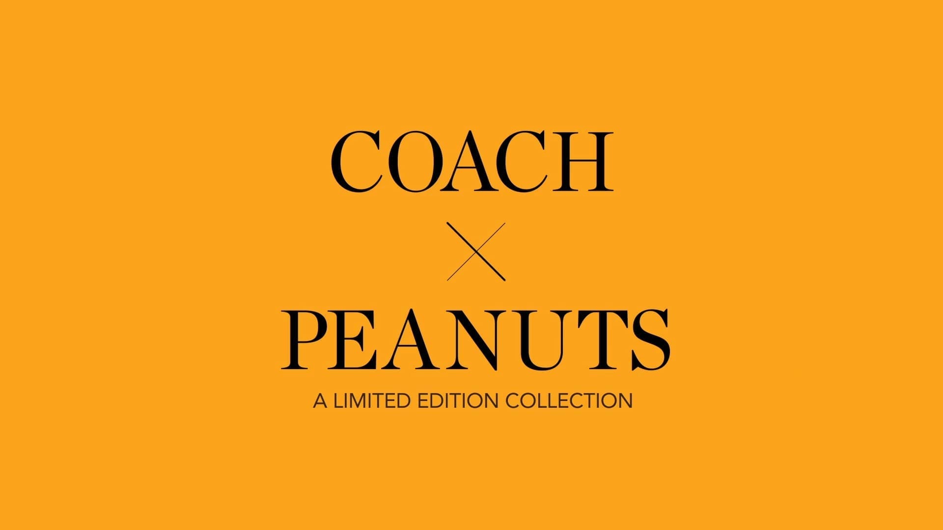 Coach x Peanuts limited edition collection, featuring the collaboration logo with bold text on an orange background.