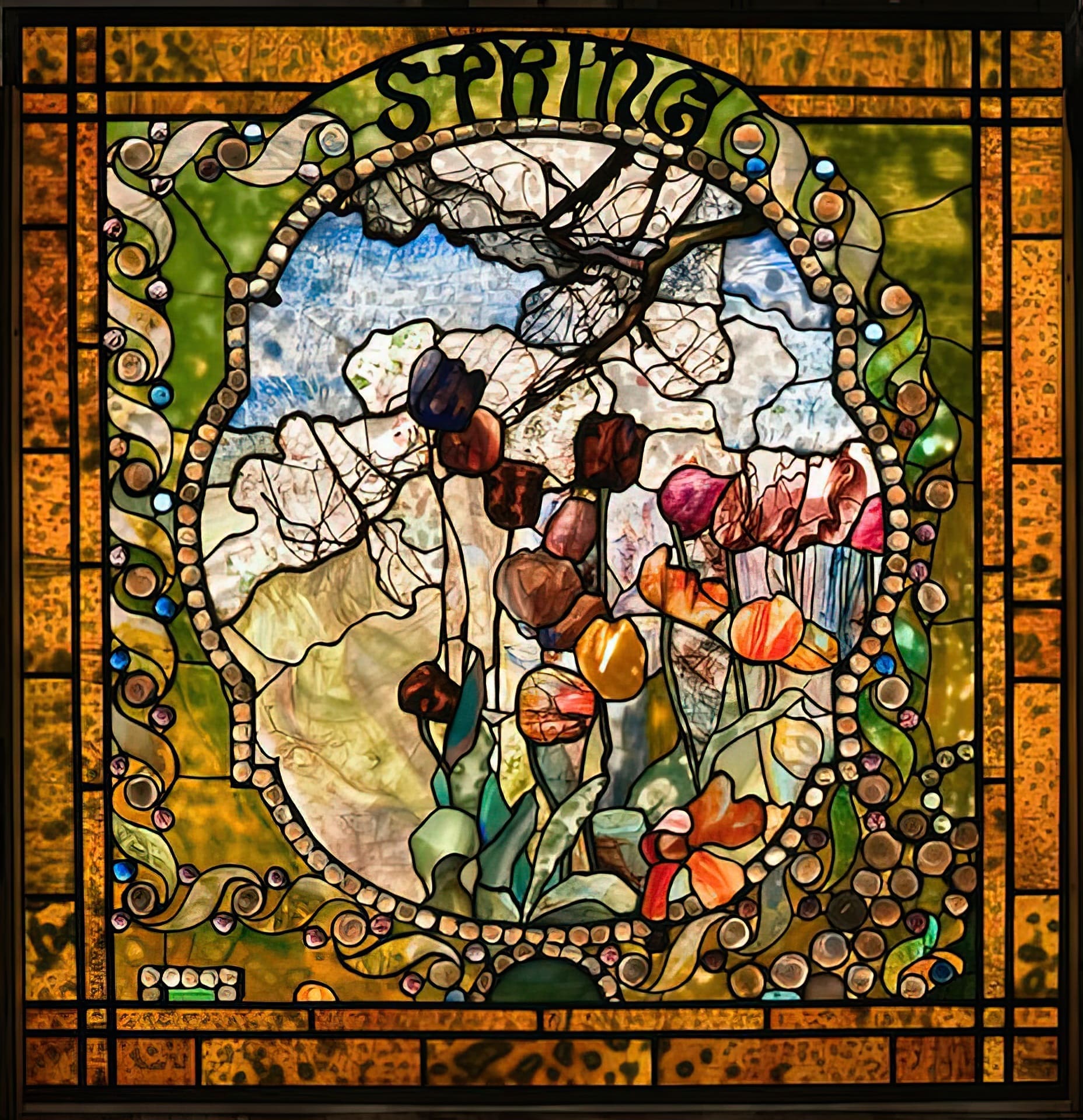 “Spring” panel from Tiffany Studios’ Four Seasons stained glass window, depicting vibrant flowers and swirling motifs. Image via Wikimedia Commons.