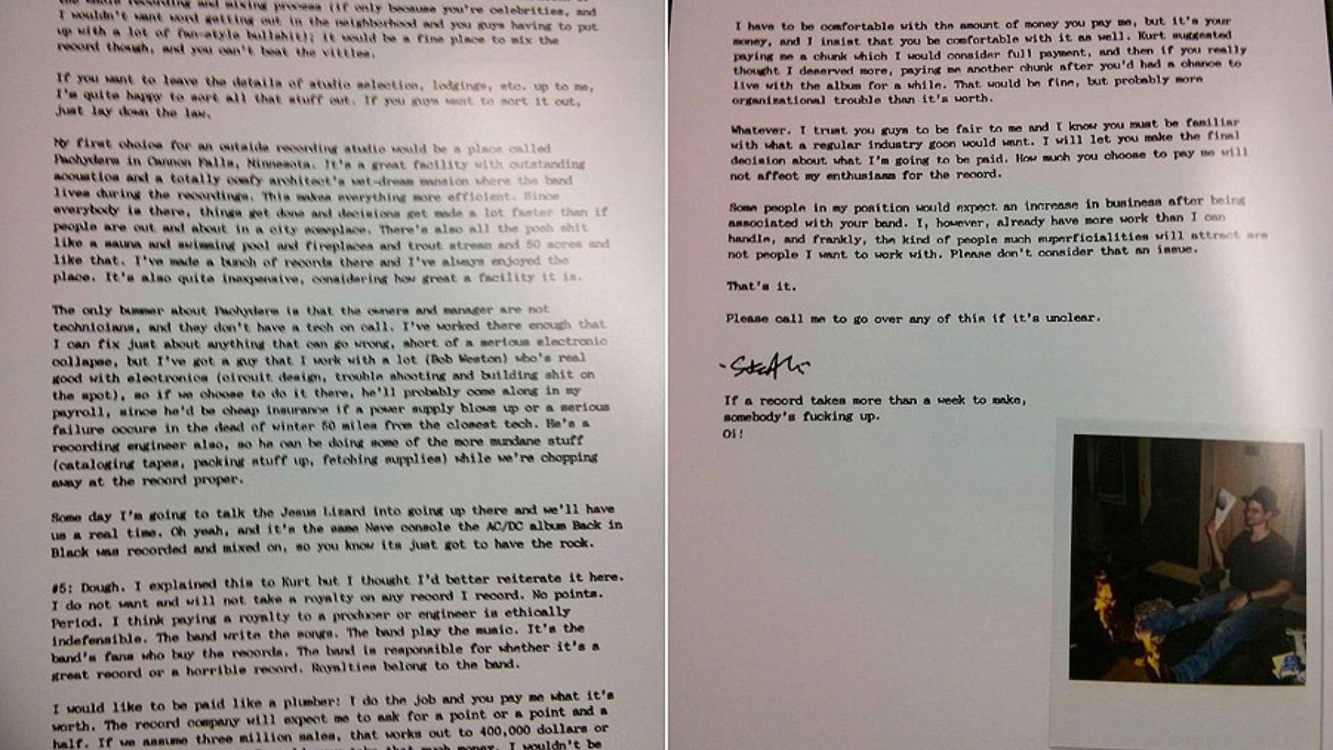 RIOT, NYC Creative Agency: A scanned image of Steve Albini’s original letter to Nirvana A scanned image of Steve Albini’s original letter to Nirvana