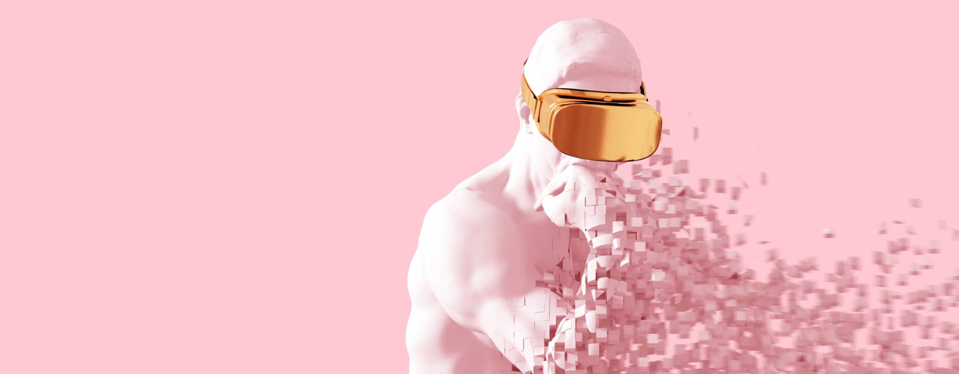 RIOT, NYC Creative Agency: A futuristic human figure wearing a gold VR headset, dissolving into digital pixels, symbolizing the intersection of business, technology, and innovation. A futuristic human figure wearing a gold VR headset, dissolving into digital pixels, symbolizing the intersection of business, technology, and innovation.