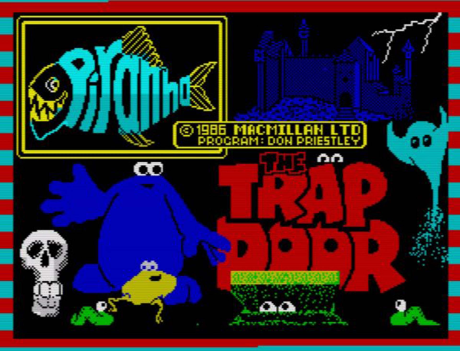 The Trap Door Spectrum loading screen featuring colorful pixel art of characters