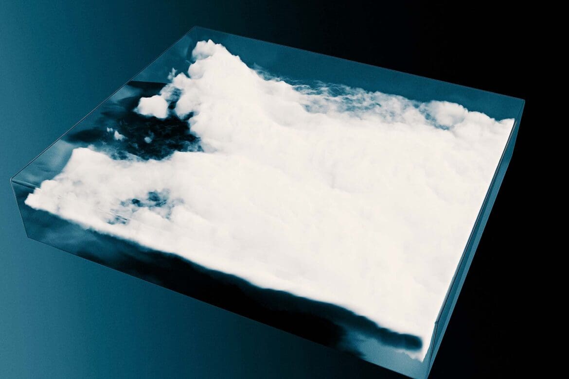 Rectangular floating slab containing volumetric clouds suspended over a gradient blue background