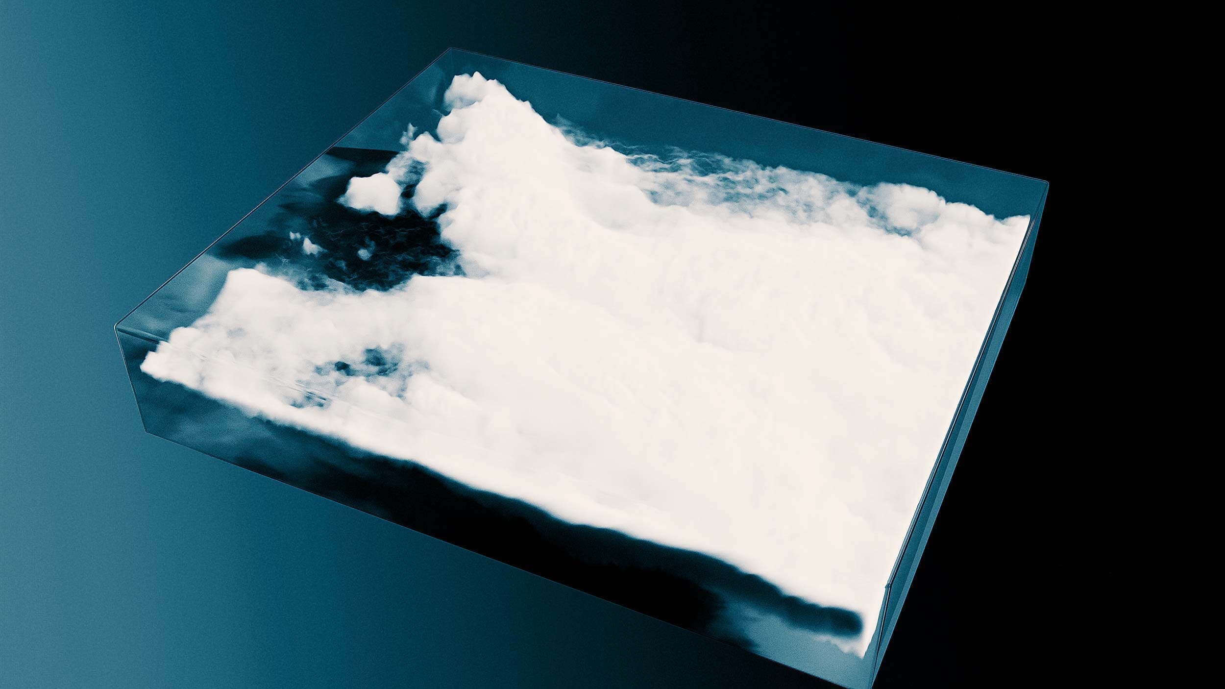 A slab of simulated cloud floating in a blue void from Bleed Electric's This Is My Masterpiece music video, directed by MUG5 for RIOT