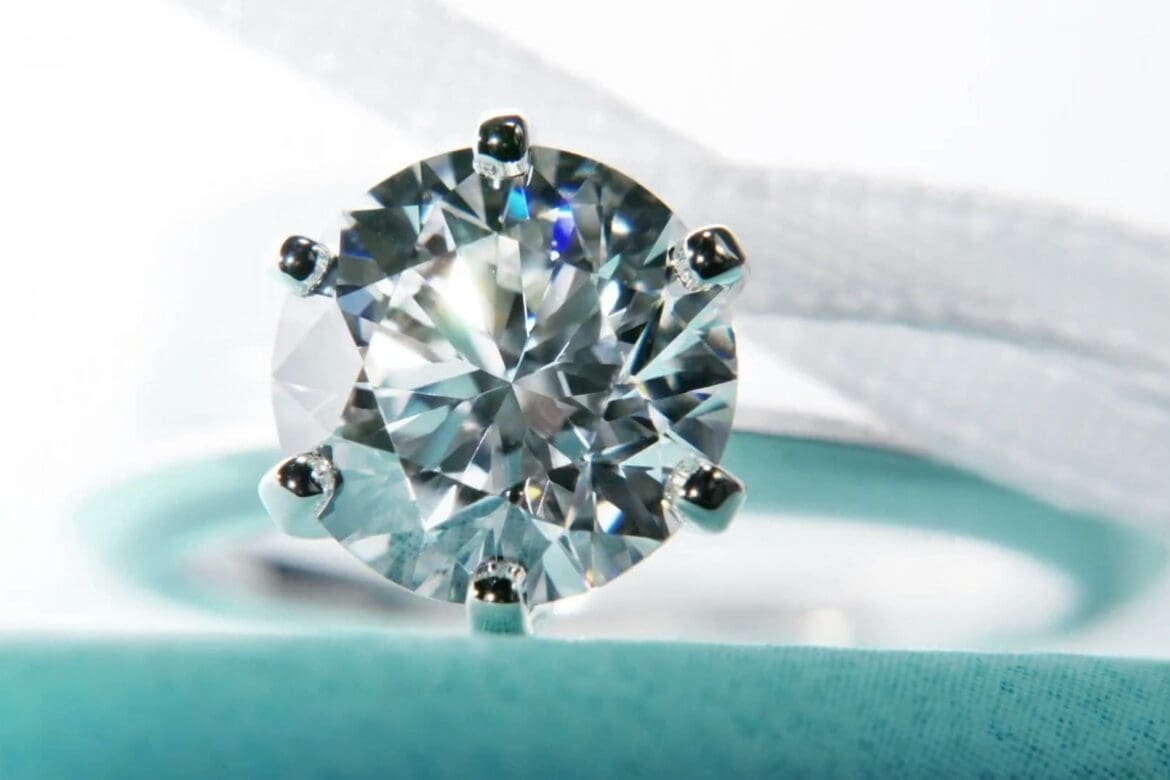 A Tiffany Setting diamond engagement ring on a Tiffany Blue box