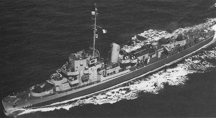 The USS Eldridge, a U.S. Navy destroyer escort, underway in 1944. This ship is at the center of the legendary Philadelphia Experiment story.