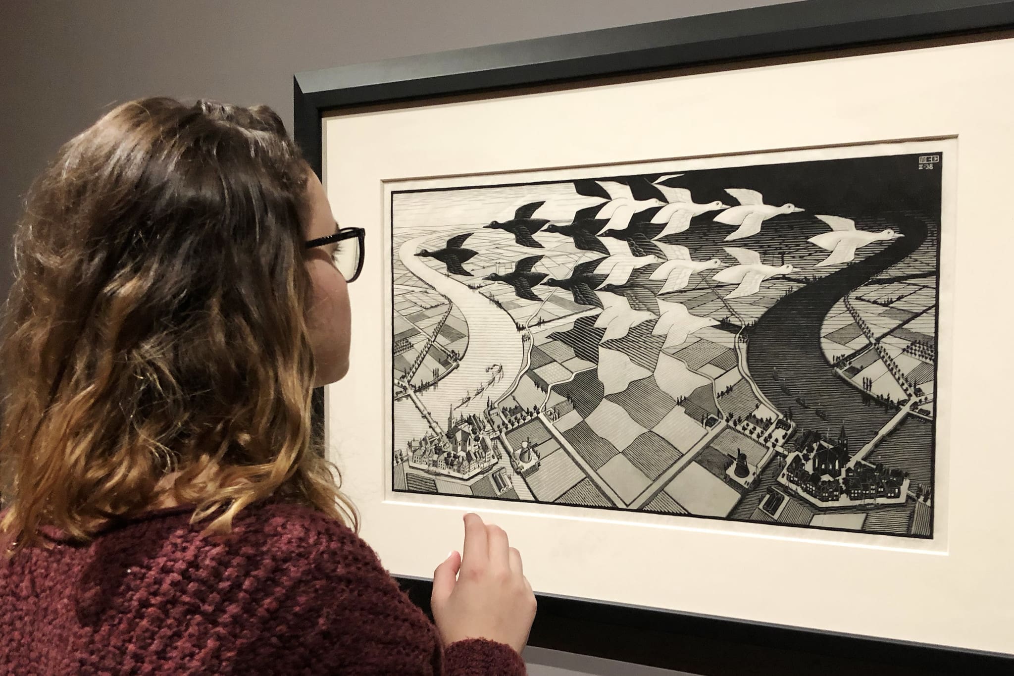 A viewer observing M.C. Escher’s Day and Night artwork, depicting the transformation of birds over a divided landscape.