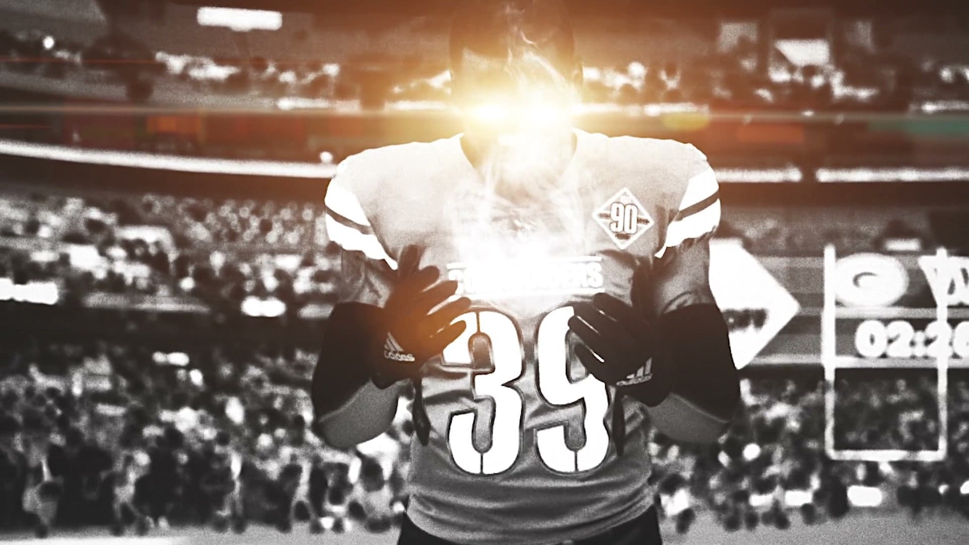 A Washington Commanders player in black and white with glowing eyes from RIOT's Scary Season film for the Washington Commanders