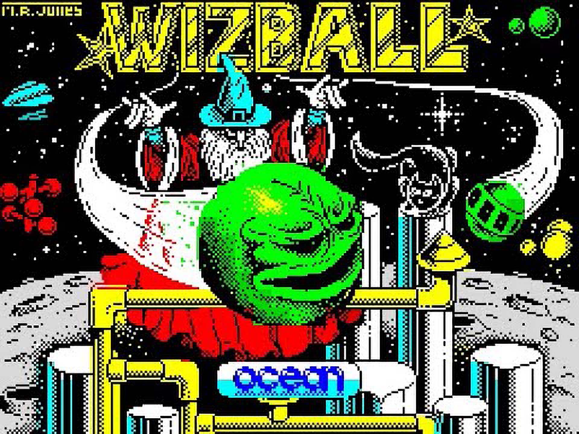 Wizball Spectrum loading screen featuring a green wizard, planets, and abstract structures.