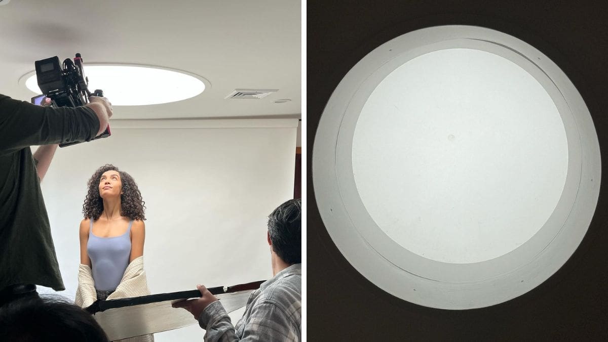 Behind-the-scenes photo of a video shoot featuring a model with curly hair looking up towards a circular skylight, paired with a close-up of the skylight itself, demonstrating RIOT's use of natural lighting in creative projects.
