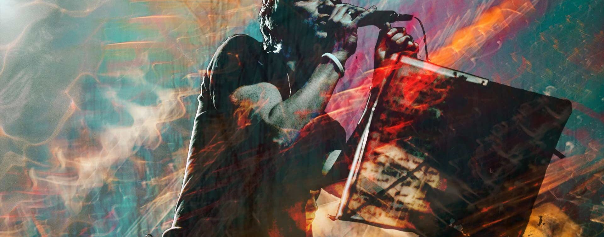 Artistic composite of Ocean Colour Scene live performance featuring vibrant abstract textures.