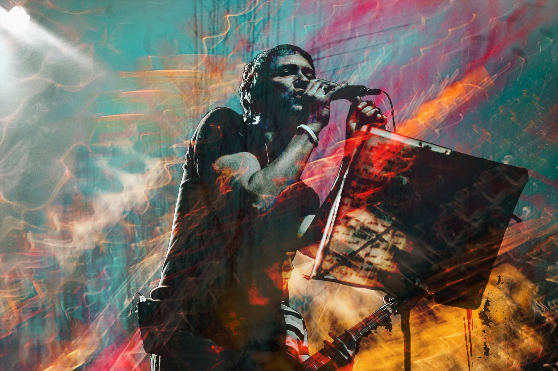 Artistic composite of Ocean Colour Scene live performance featuring vibrant abstract textures.