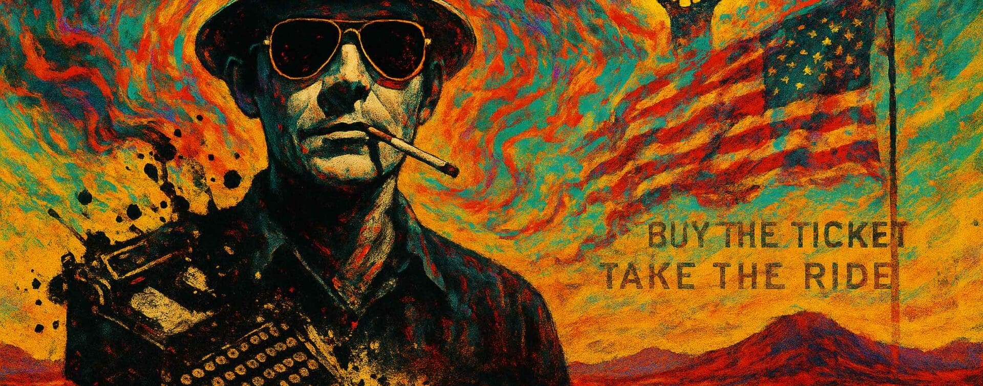 Hunter S. Thompson — Gonzo in the Desert (RIOT Hero Image) Portrait of Hunter S. Thompson in a surreal desert, exploding typewriter, Gonzo fist, and “Buy the Ticket, Take the Ride” text